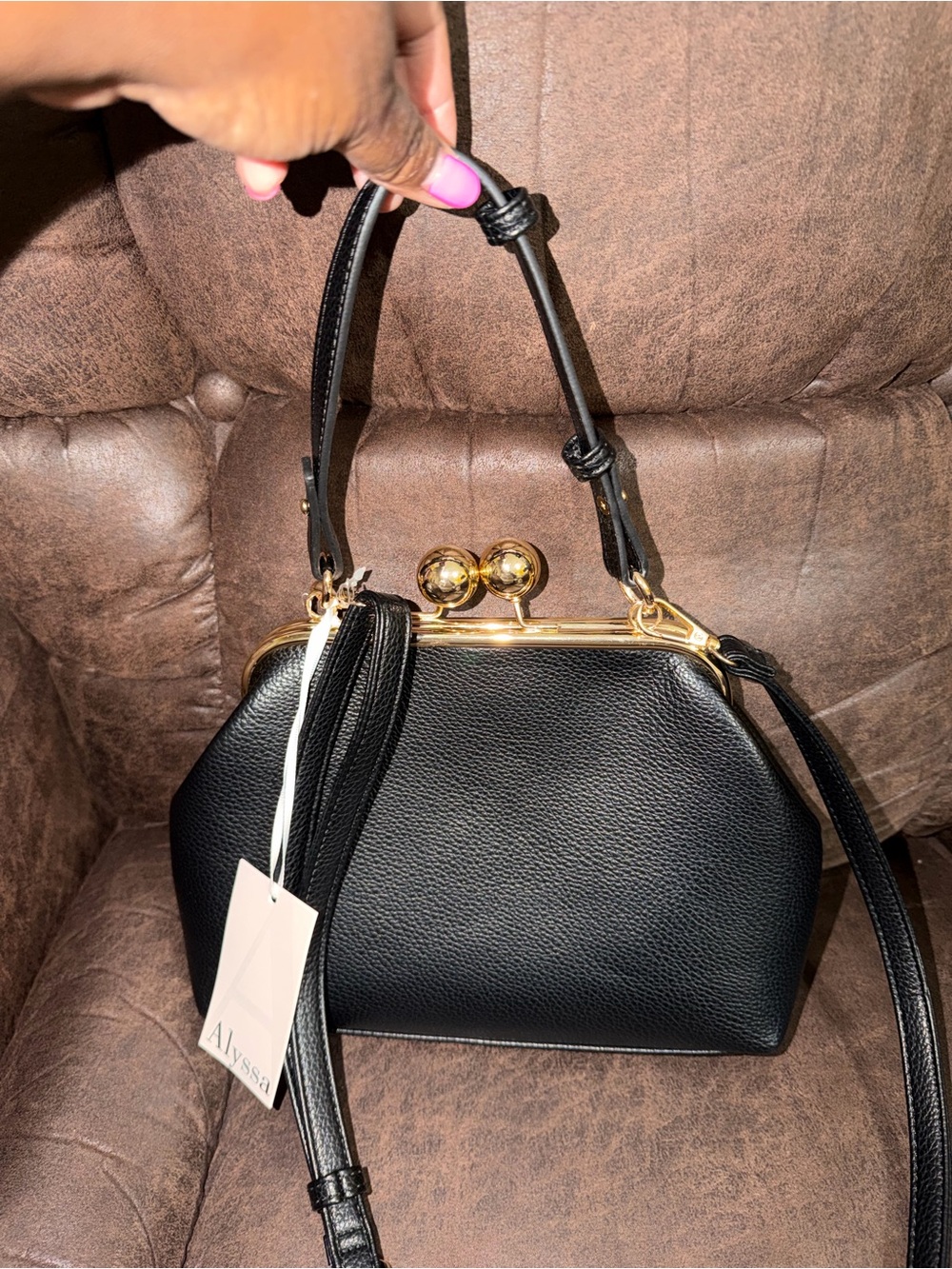 Alyssa Black Pebble Leather Top-Handle Mini Bag with Gold Frame